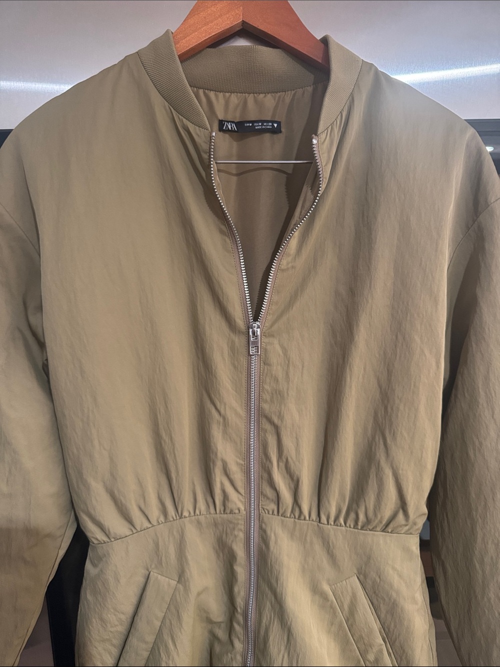 Zara Khaki Zip Front Coat Dress bomber Jacket Size M - Picture 4 of 6